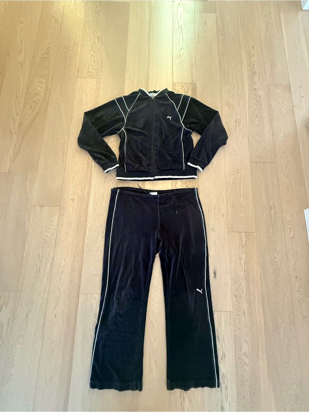 Vintage Puma Black Velour Two-Piece Track Set with White Piping